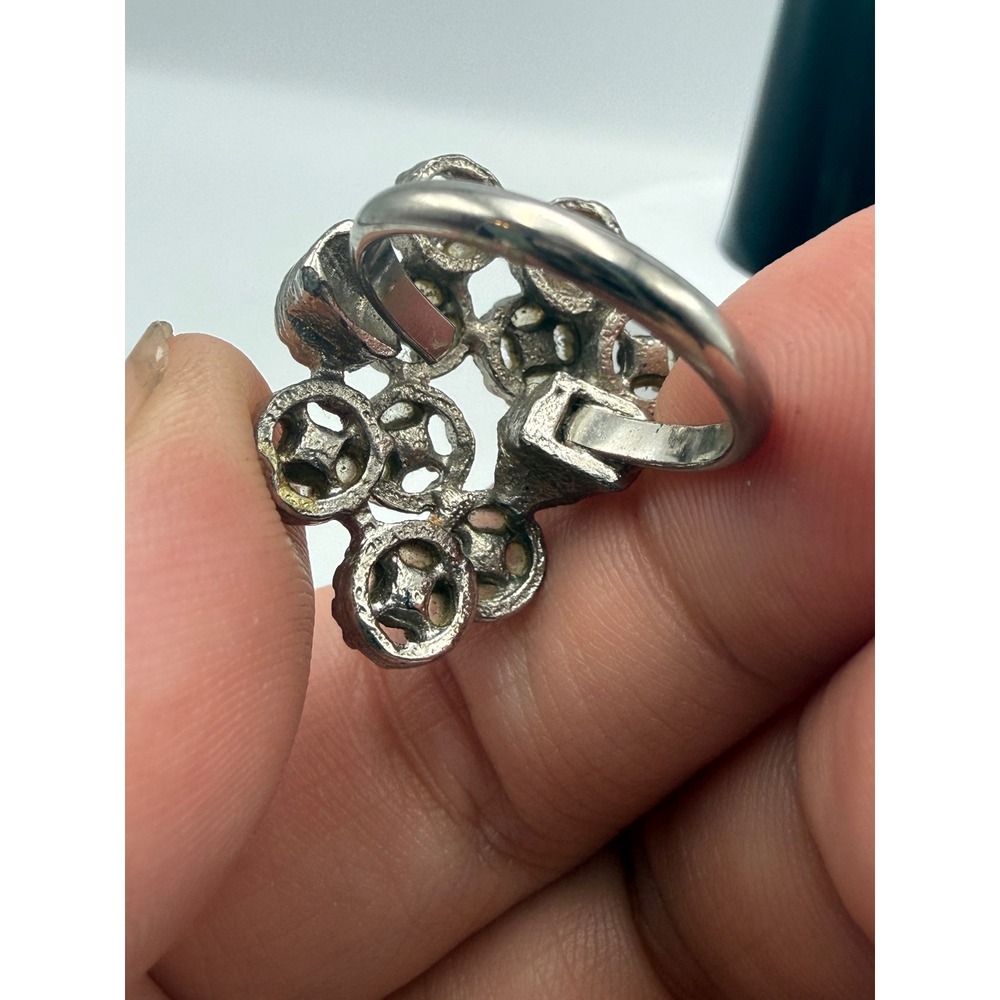 Vintage Brutalist Silver Tone Amber Rhinestone Cluster Adjustable Statement Ring - Picture 4 of 6